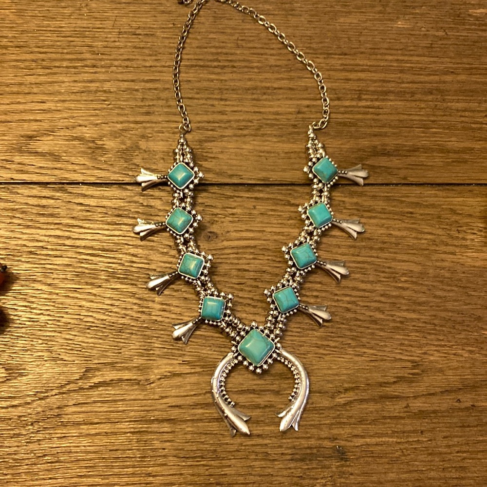 Faux turquoise squash blossom necklace